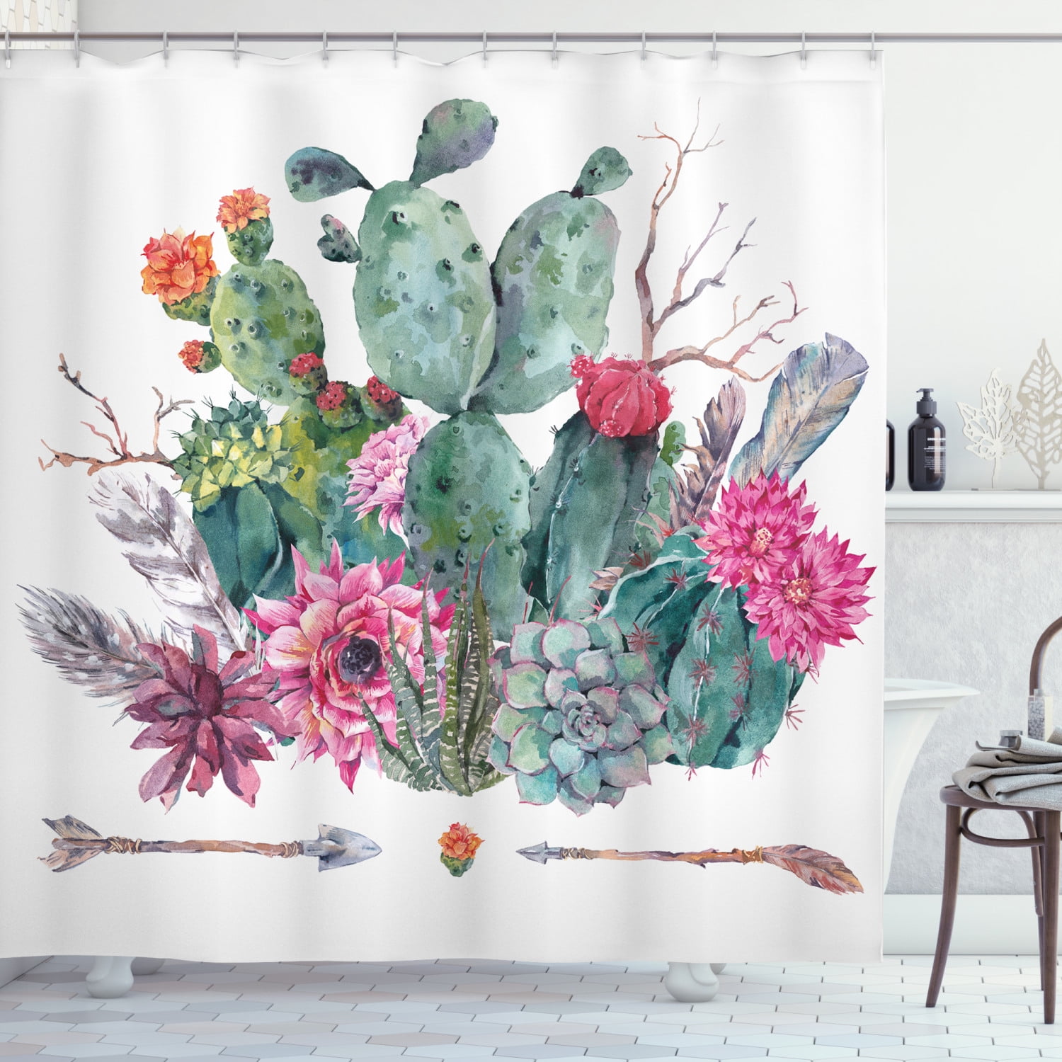 Watercolor Cactus Floral Boho Arrow Succulents Fabric Shower Curtain Set 72x72"