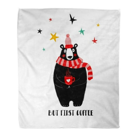 Black Bear Throws KDAGR Flannel Throw Blanket Cute Black Bear Holding Cup of Coffee Inspiring Phrase But First Boyfriend Brush 58x80 Inch Lightweight Cozy Plush Fluffy Warm Fuzzy Soft ()