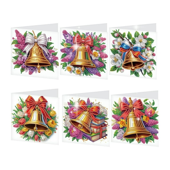 6pcs Diamond Painting Kit Greeting Cards, Christmas Bells 5D Handmade Art Birthday Holiday Gift Cards with Envelopes