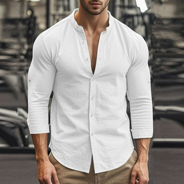 Blusa y camisa de manga larga con cuello alto para hombre, color liso, cuello alto, botones, cárdigan de manga larga, blusa de poliéster para hombre