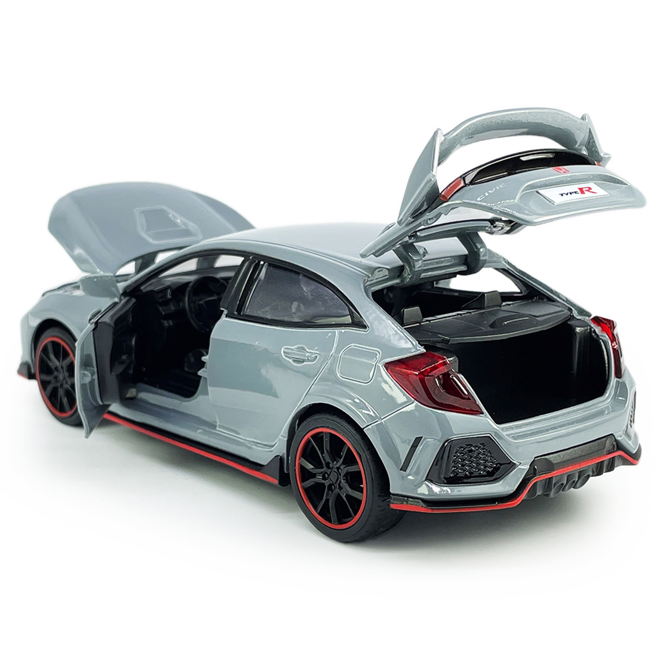 Civic Type R Hatchback Sports Diecast Car Model Toy Vehicle 1/32 Scale Metal Pull Back Friction Powered Vehicles Doors Open Light Sound Alloy Casting Toys Kids Boys Adults Birthday Gifts, Cement Grey