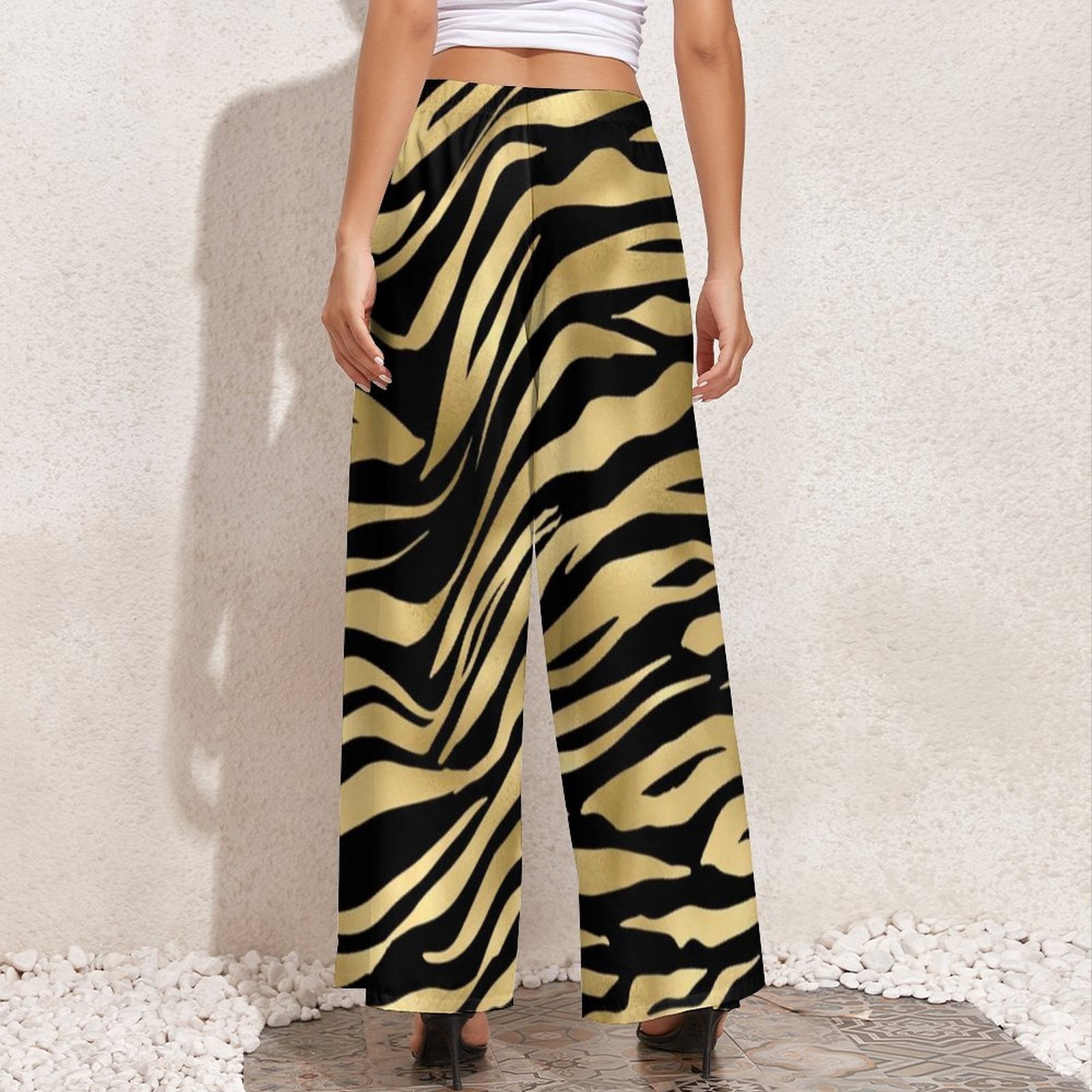Black And Gold Tiger Print Pants High Waisted Animal Fur Stripes 