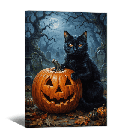Retro Halloween Cute Black Cat Canvas Wall Art Pumpkin Lamp Picture Print, Vintage Dark Academia Rustic Painting for Living Room Bedroom Home Office Decor