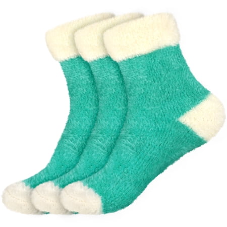 Women s Featherlight Cuff Cute Warm Plush Cozy Fuzzy Slipper Socks - Spring Green- 3prs