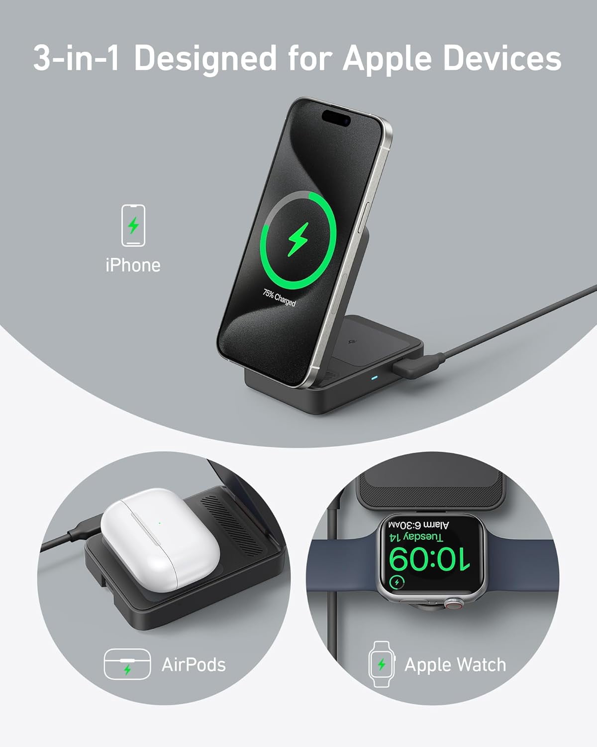 Restored Anker MagGo 3 in 1 iPhone 17 Charging Station, MagSafe-Compatible Wireless Charger Stand (Refurbished)