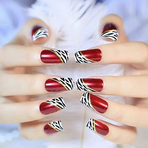 RED BURGUNDY WHITE BLACK FRENCH ANIMAL PRINT LUXE DESIGN Full Cover Press  On Nails Acrylic Nail Kit Artificial Tips False Nails Extra Long Ballerina  Coffin Square Fashion Fake Nails | Walmart Canada