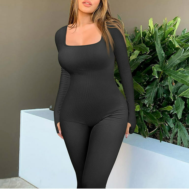  Fernvia Women Yoga Jumpsuits Workout Ribbed Square Neck Long  Sleeve Bodycon Rompers Sport Jumpsuits Skinny One-Piece Clothes (A Black,  S) : Clothing, Shoes & Jewelry