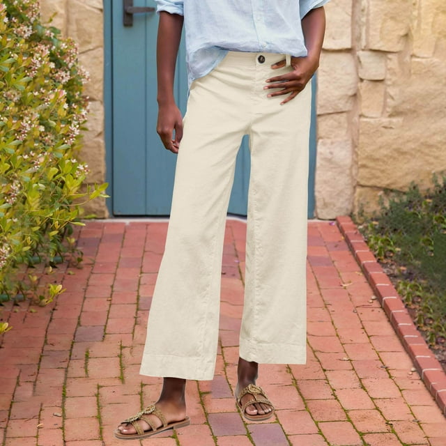 LOVZFMLL Women's Pants, Casual Drawstring Elastic Waist Linen Capri Pants Beige, M
