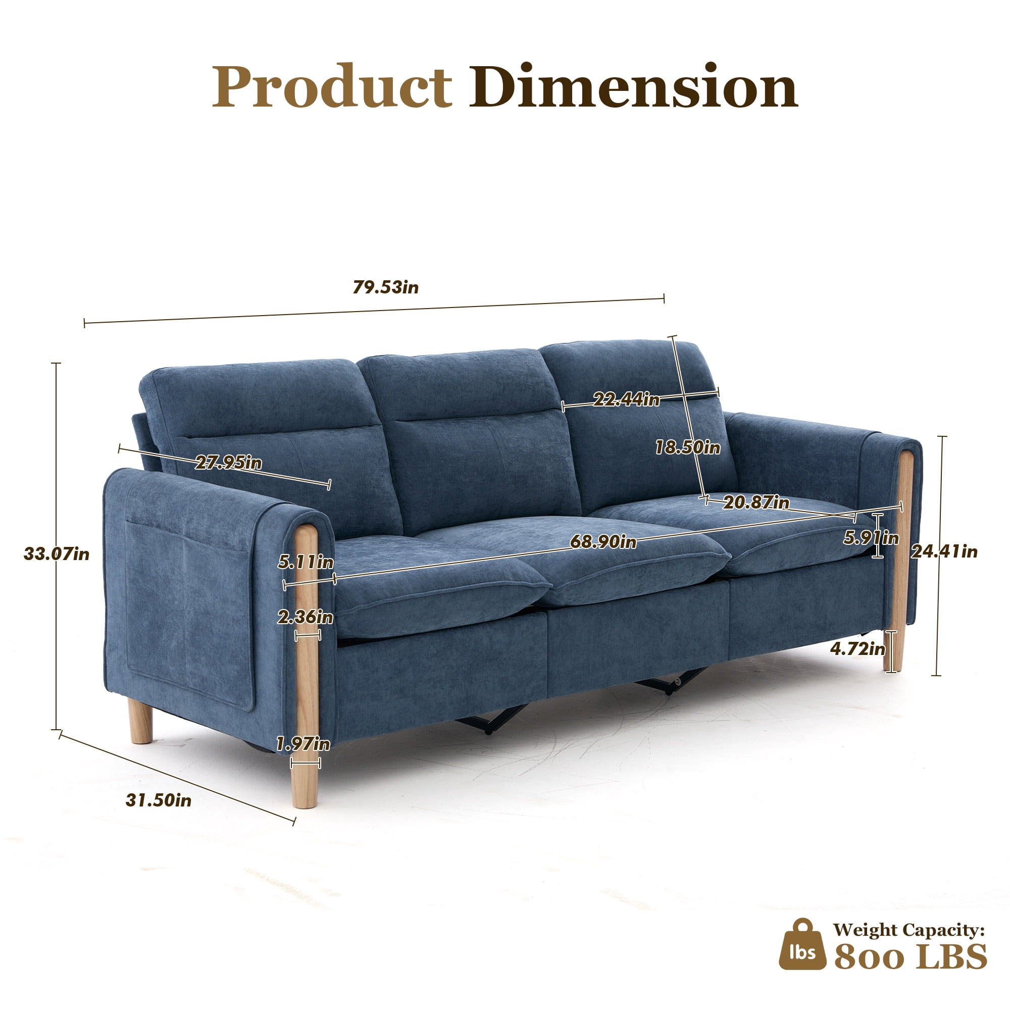 MOONMISS 3-Seater Chenille Sectional Sofa with Side Pocket for Living Room,Blue