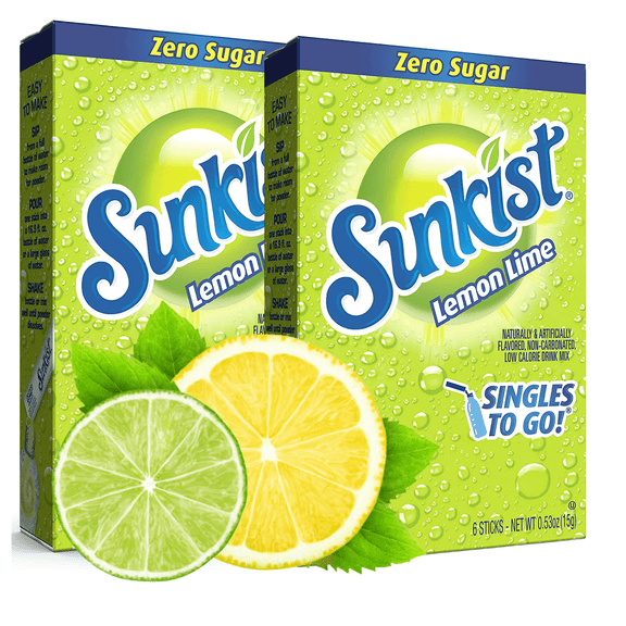 Sunkist Soda Lemon Lime Singles To Go  Powder Drink Mix Sugar Free Low-Calorie &  Delicious Fruity Taste Water Enhancer Quick & Convenient Water Beverages (2 Boxes- 12 Total Servings)