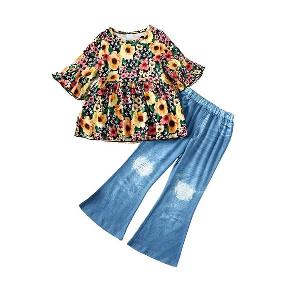Mikrdoo Kid Girls Pants Sets 4Y,5Y,6Y,7Y,8Y Girl Floral Print Flare Sleeve Dress Tops Ripped Jeans Demin Trousers 2Pcs Spring Autumn Clothing 8 Years Purple