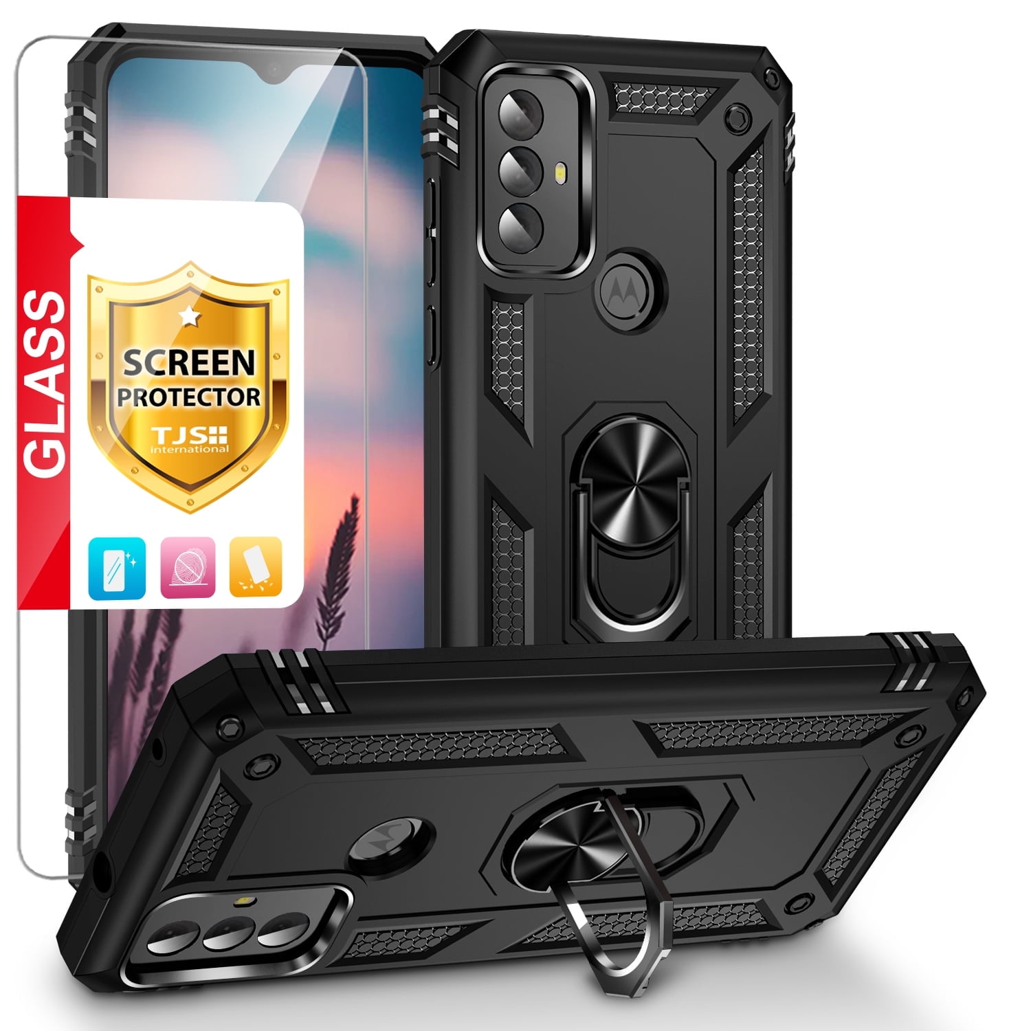 TJS for Motorola Moto G Play 2023/Moto G Power 2022/Moto G Pure 2021 Phone Case, with Tempered Glass Screen Protector, Impact Resistant Metal Ring Magnetic Support Kickstand Cover (Black)