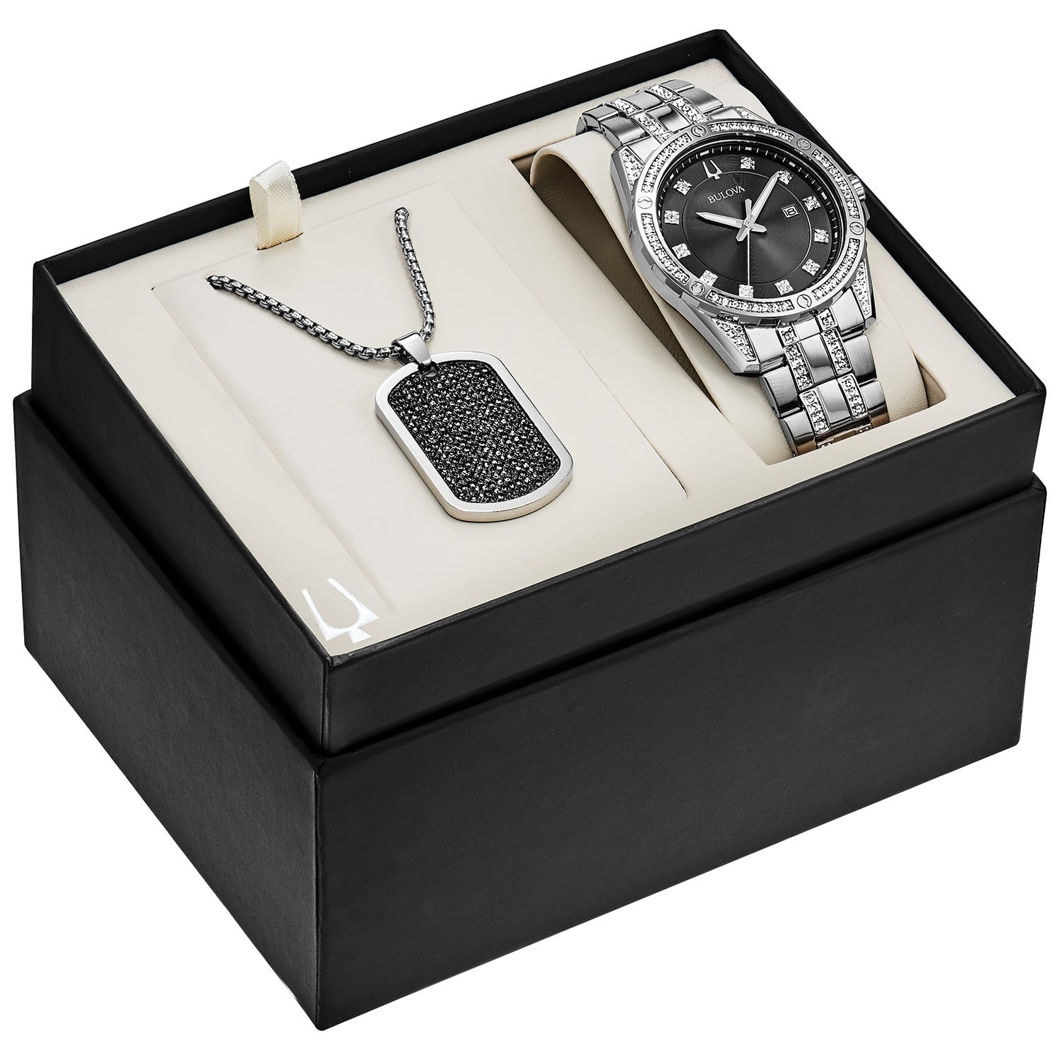 Bulova Men's Stainless Steel Crystal Boxed Set Watch with Dog Tag