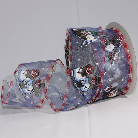 The Ribbon People Sheer White and Blue Snow Couple Wired Craft Ribbon 2.5" x 20 Yards