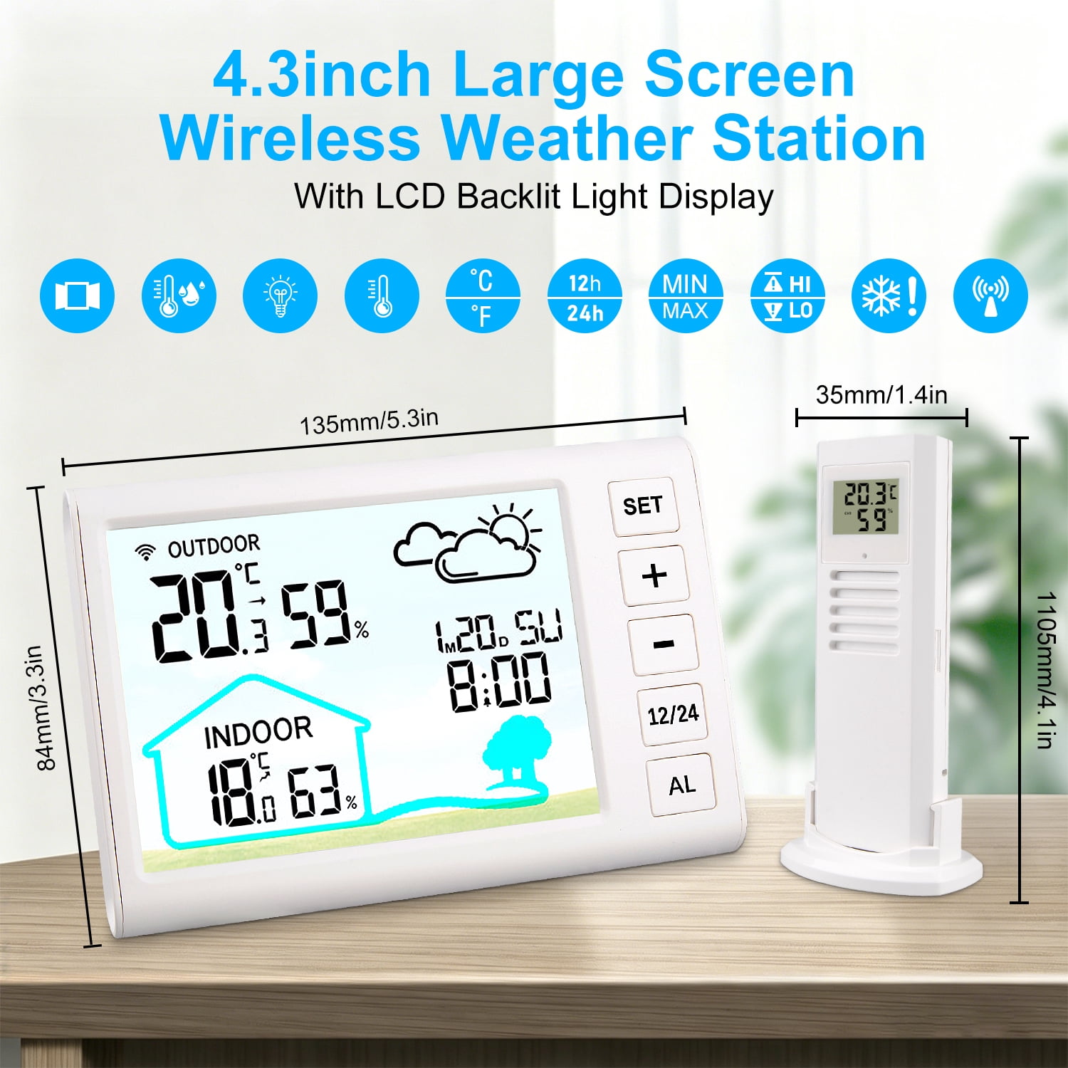AILKIN Weather Stations for Home with Outdoor Sensor,Wireless Indoor Outdoor Thermometer Humidity Monitor,Backlight,Time/Clock Setting Forecast Weather Stations for Home Large Dispaly,White