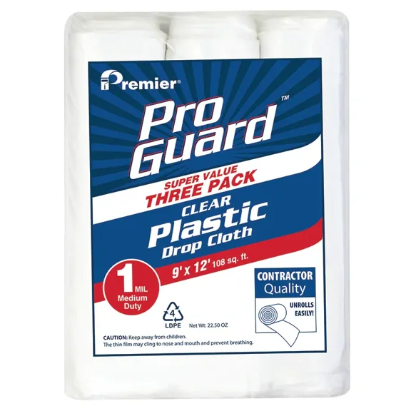 Premier Paint Roller 3-PK 9' x 12' 1 Mil. Rolled Clear Plastic Drop Cloth