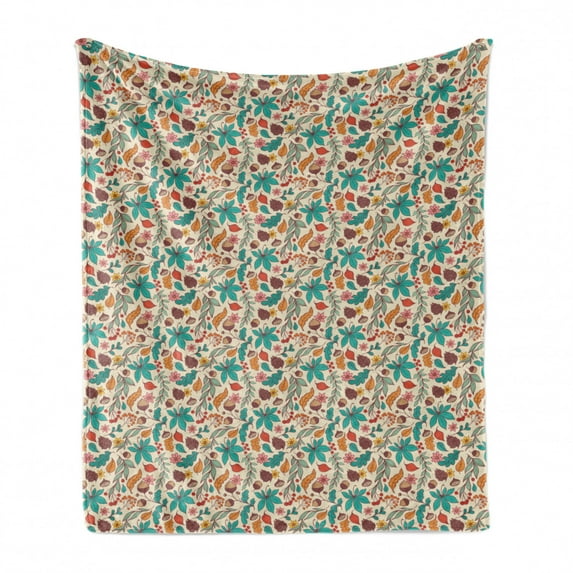 Acorn Soft Flannel Fleece Blanket, Seasonal Nuts Flowers and Berries Ornamental Composition Plants Pattern Fall Foliage, Cozy Plush for Indoor and Outdoor Use, 50" x 60", Multicolor, by Ambesonne