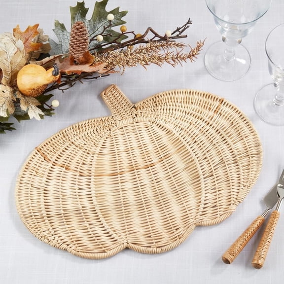 Fennco Styles Harvest Pumpkin Rattan Woven Placemat 13" W X 17" L, 1-Piece - Natural Rustic Fall Table Mat Heat Resistant Insulation for Home, Autumn Dining, Banquets, Special Events