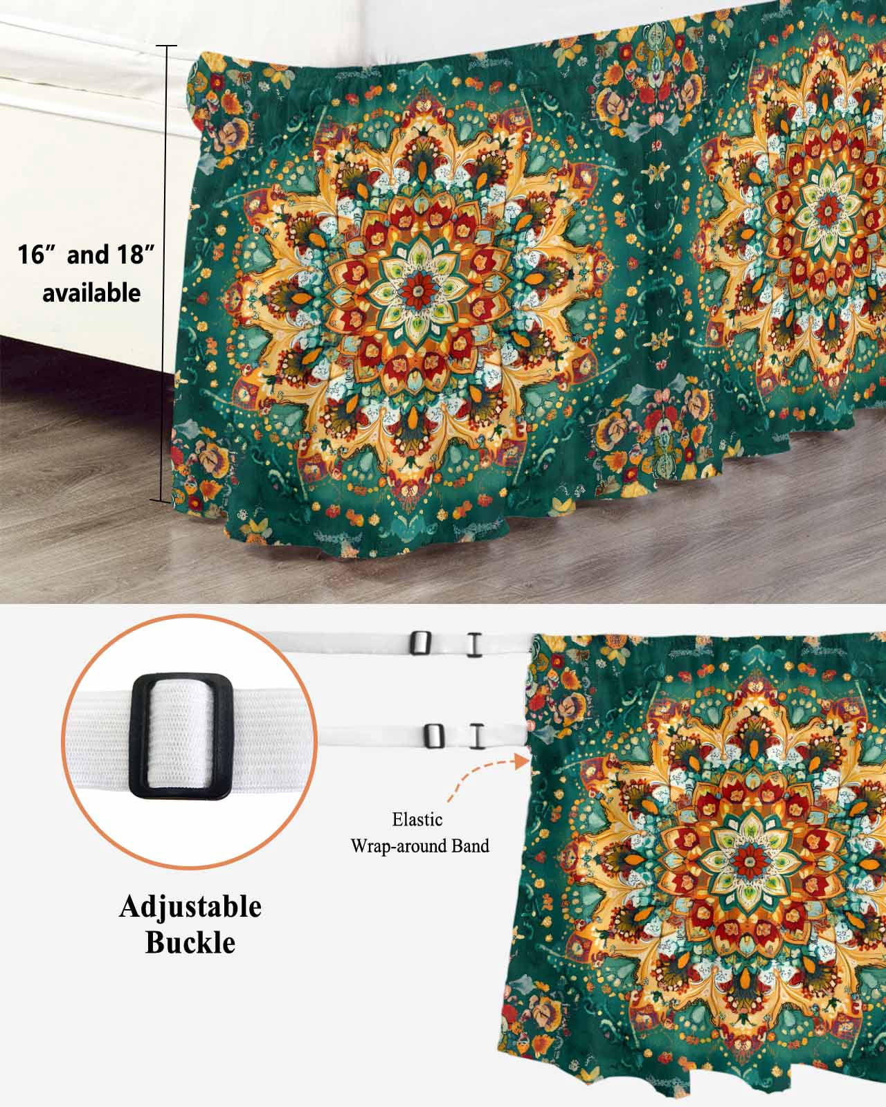 Boho Flower Wrap Around Bed Skirts for Queen Bed 16" Drop,Bed Skirt with Adjustable Elastic Belt Dust Ruffle Bed Valance for Bedroom Hotel Yellow Green Bohemian Colorful Medallion Bed Frame Cover