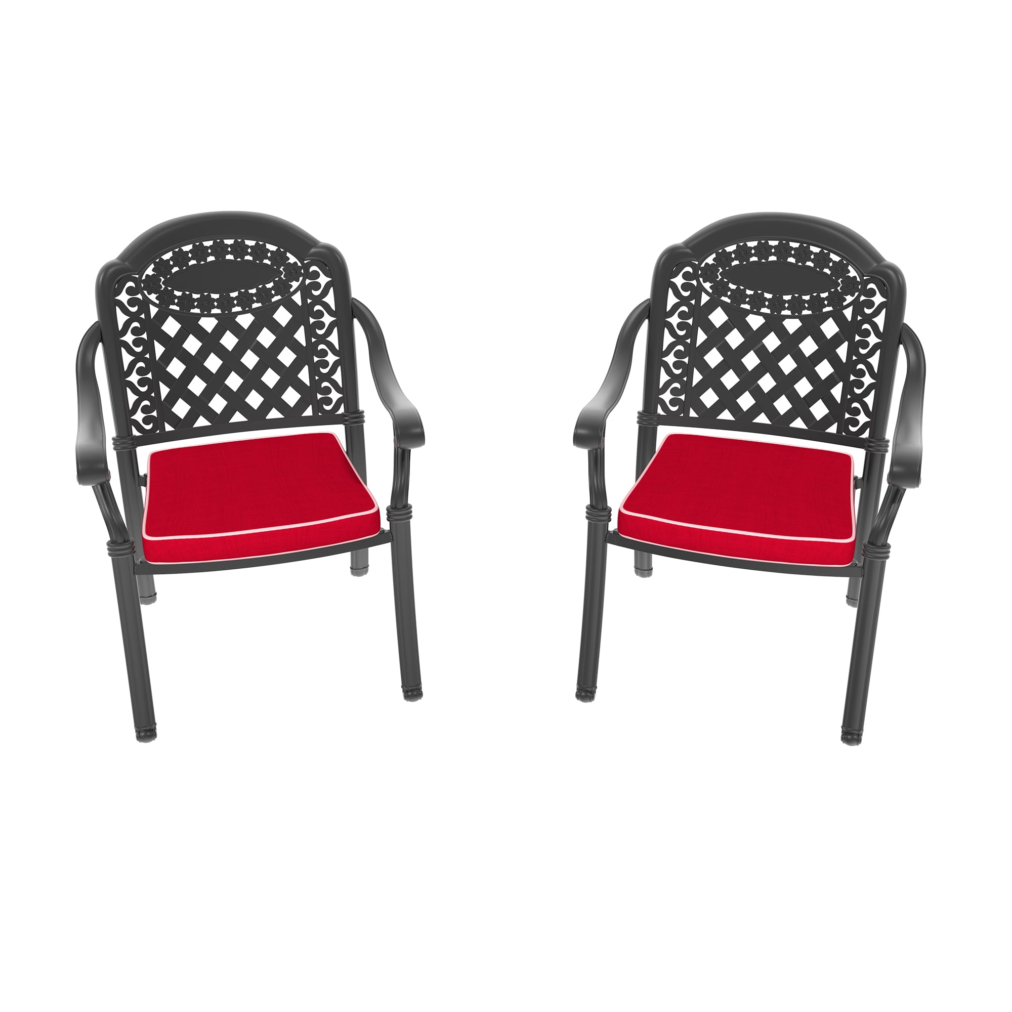 Cast Aluminum Patio Dining Chairs Set of 2 with Black Frame and Red Cushions for Garden Deck, Black