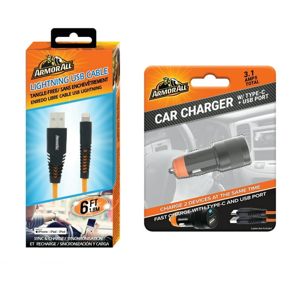 Armor All Car 6ft Lightning Charging Cable and 3.1 AMP Type-C and USB A Car Charger Port Bundle