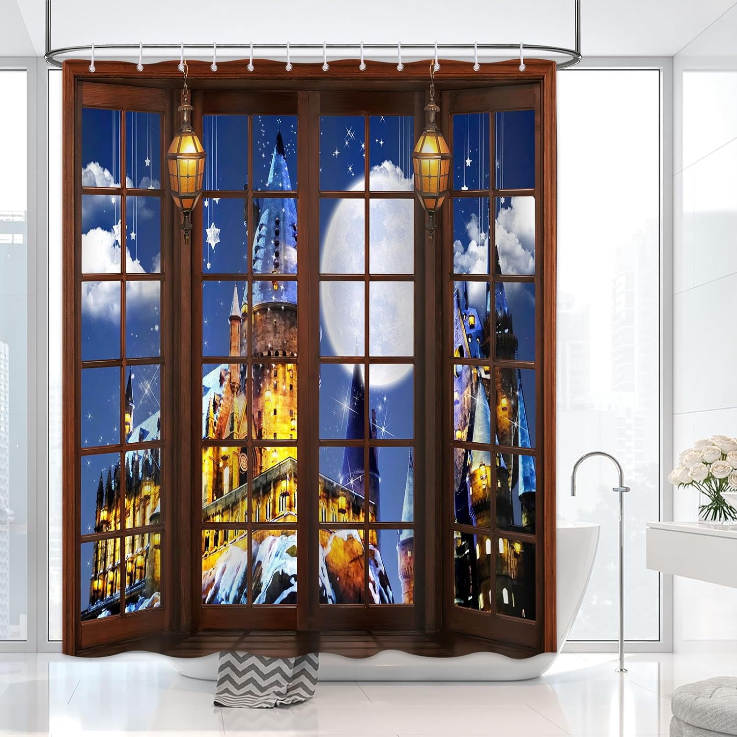 Magic Castle Shower Curtain, Wizard School Window Night Sky Moon Shower Curtain Set Fairytale Castle Bathroom Decor Waterproof Fabric Bath Curtain with 12 Hooks, 72x72 inches