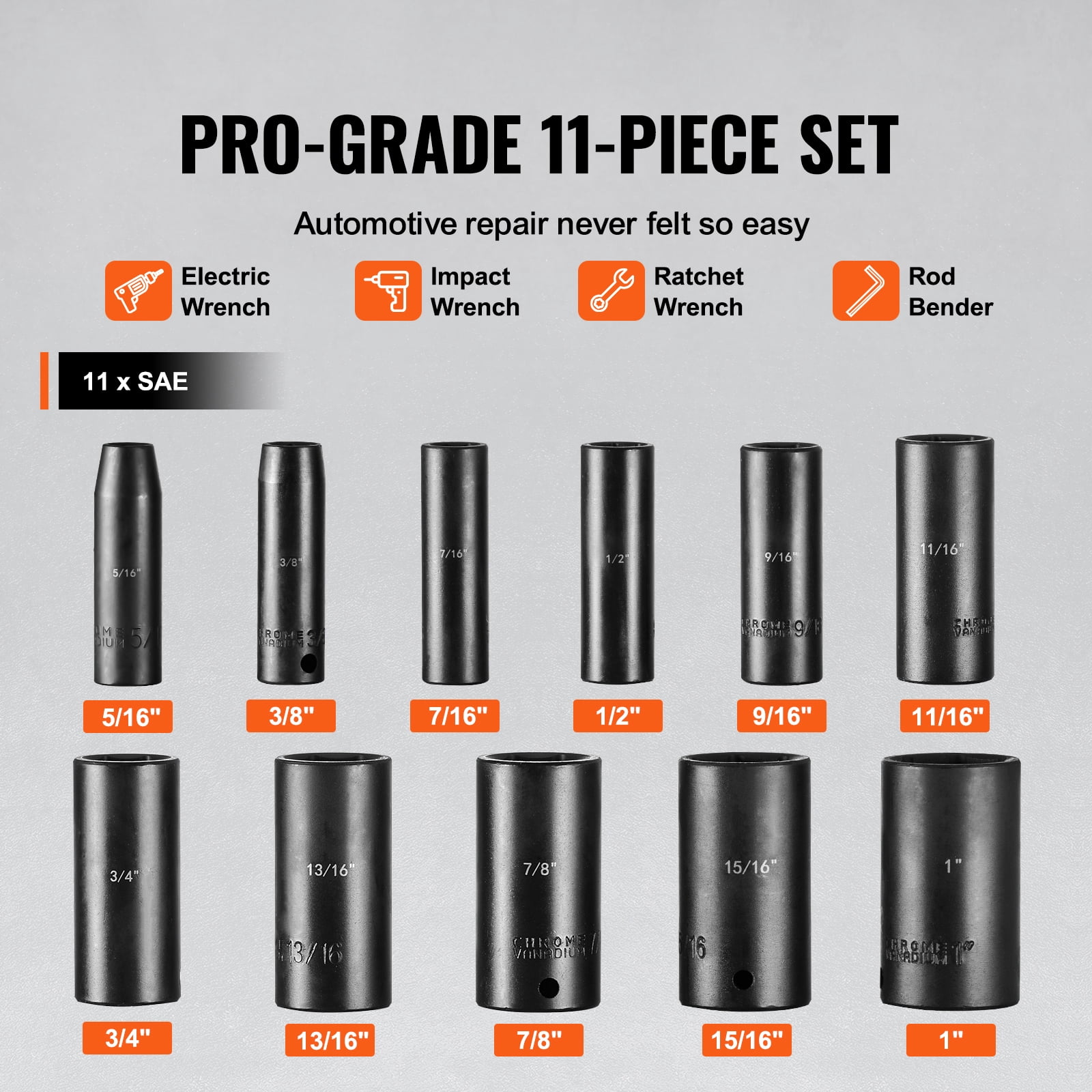KFFKFF 3/8" Drive Deep Impact Socket Set, SAE, 11 Pcs, 5/16"-1", 6-Point, CR-V Steel, for Vehicle Maintenance, Clear Size Labels, Durable Build, Comes with Case