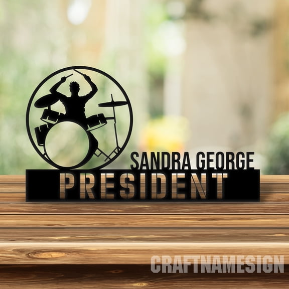 Craftnamesign Custom Wooden Drummer Desk Name Plate, Drum Lover Metal Nameplate for desk