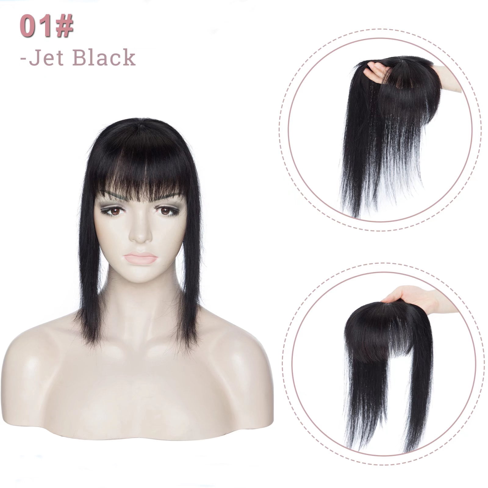 MY-LADY Hair Toppers for Women Real Human Hair with Bangs 3 Clip In Remy Topper Hairpiece for Thin Hair Natural Looking Hair Extensions 14inch #01 Jet Black