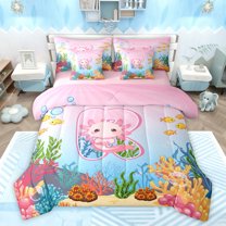 Feelyou Axolotl Letter R Bedding Comforter Set 7pcs, Fairy Tale Sealife Queen Bedding Sets, Teens Kids Girls Boys Reversible Queen Sheet Sets, Microfiber Bedroom Decor