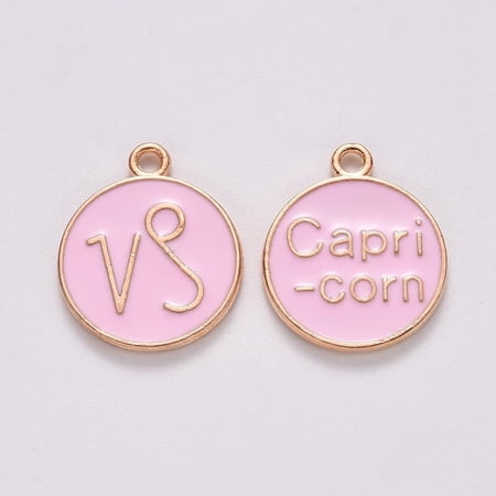 20Pcs Capricorn Alloy Enamel Pendants Flat Round Constellation Jewelry Making Charms Findings Pendant Ornament for Necklace Bracelet Jewelry Making Light Gold Pink 15x12x2mm Hole: 1.5mm