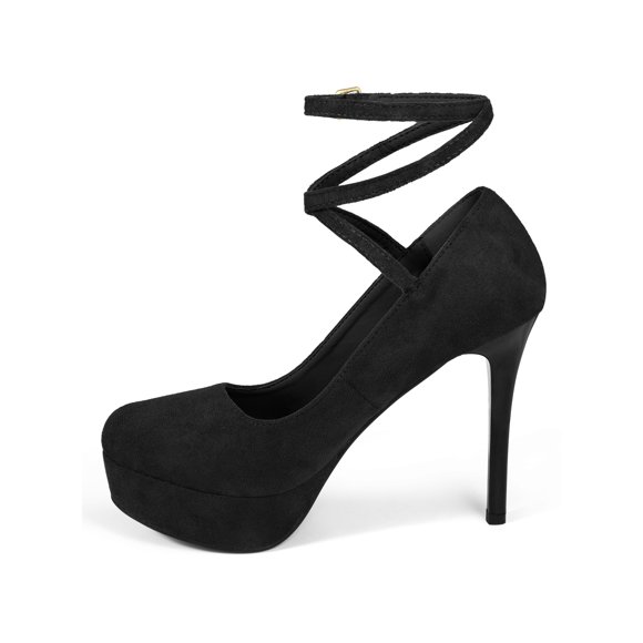BLISSFUL STEP cross lace up Stiletto Heels platform pumps for Women Black 7.5