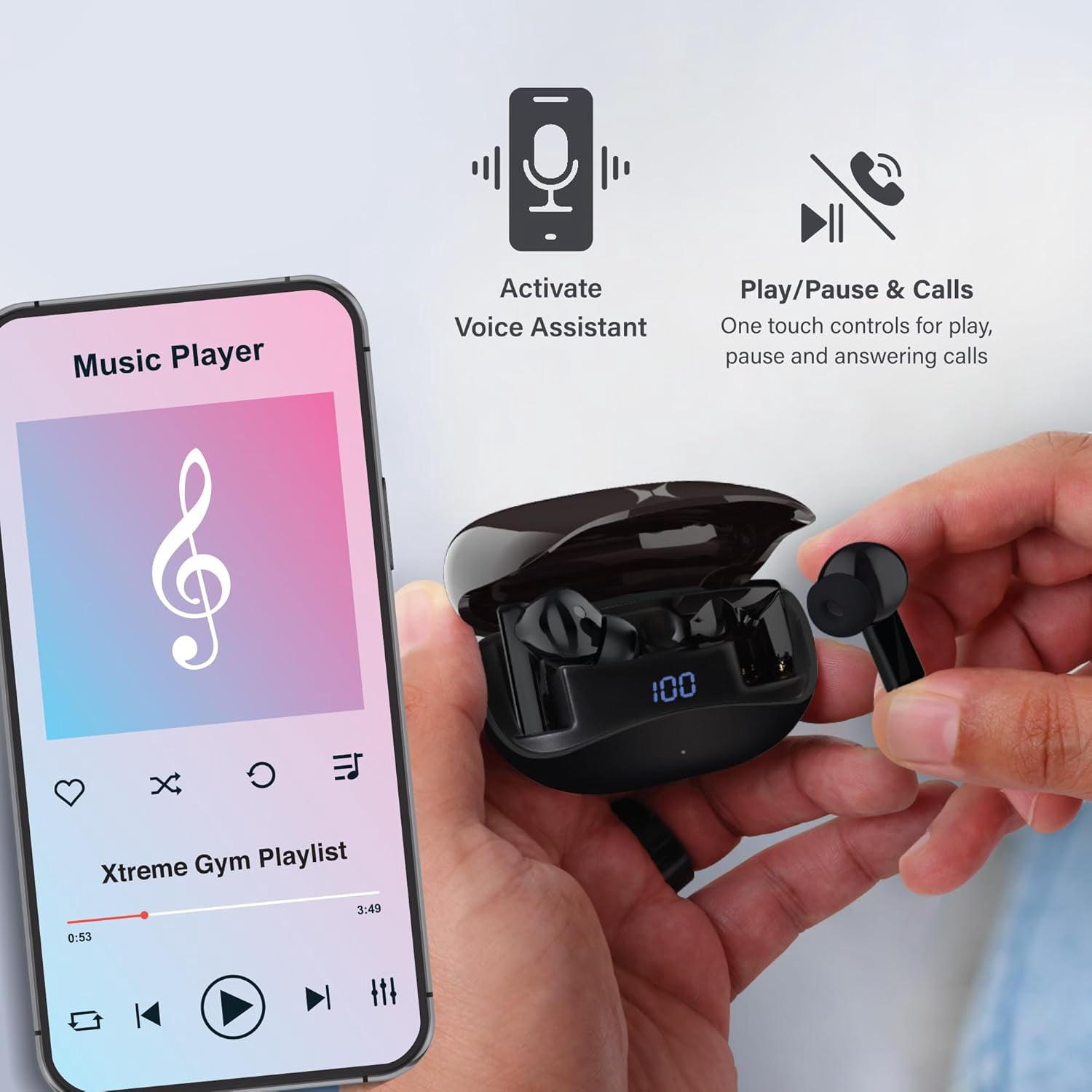 Xtreme Bluetooth Earbuds with True Wireless Stereo and Active Noise Cancelation, Charging Case with LED Display, up to 4 Hour Play Time, USB C Charging, Microphone, One Touch Controls (Black)