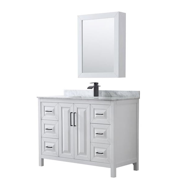 48 in. Daria Single Bathroom Vanity with White Carrara Marble Countertop, Undermount Square Sink, Matte Black Trim & Medicine Cabinet - White