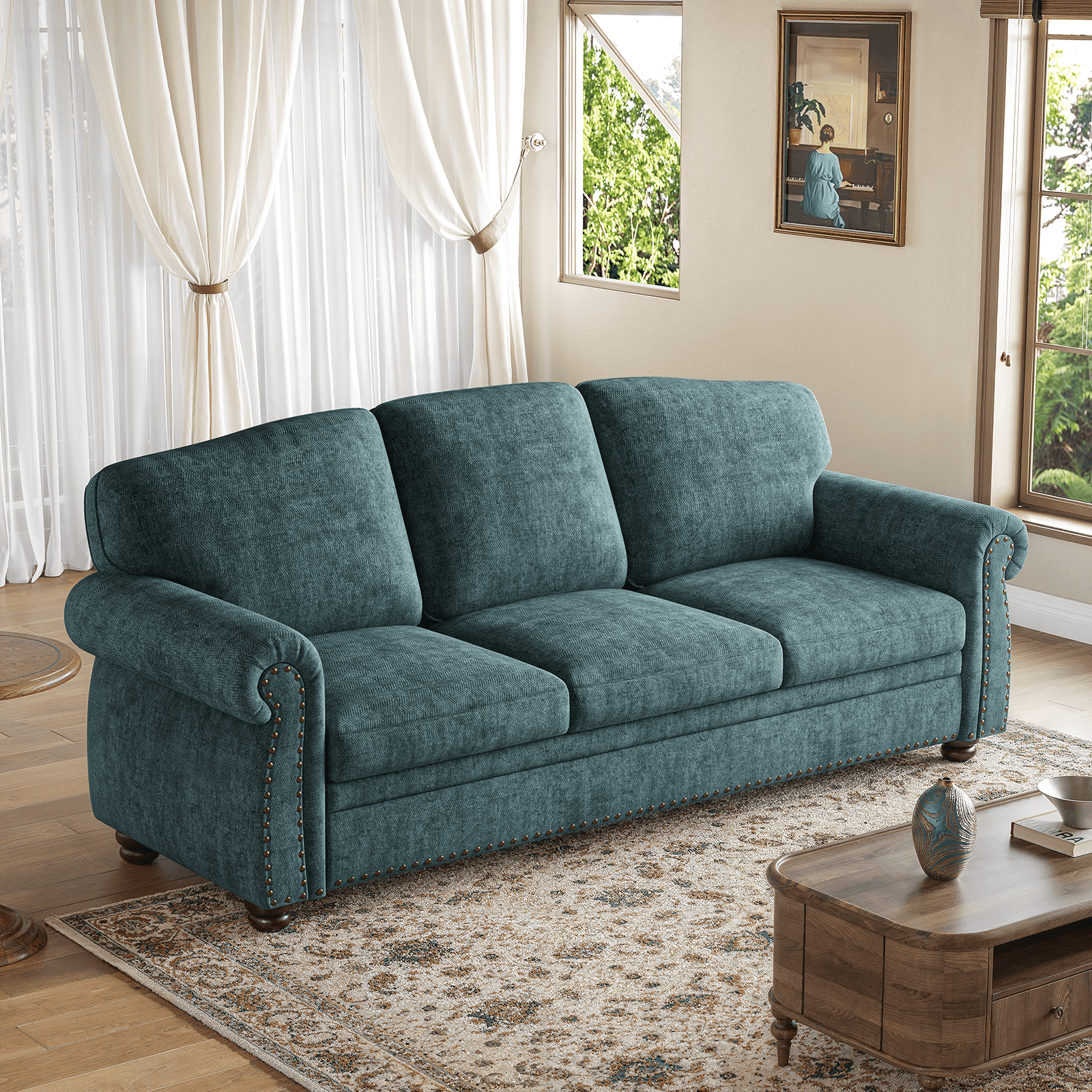 ROGALIS 90" Nailhead Sofa, Rolled Arm Couch with Solid Legs, Chenille Fabric, Teal