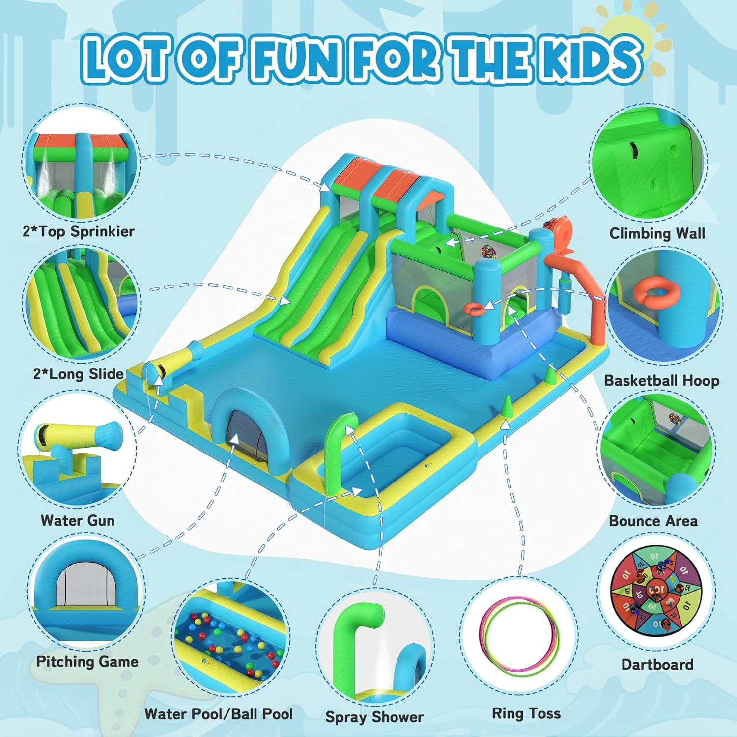 Hommow Inflatable Bounce House Double Water Slide with Blower, Climbing Wall, Water Gun, Splash Pool, Basketball Hoop, Indoor Outdoor Backyard
