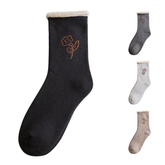 Huowey Women's Crew Socks Thick Casual Socks Flower Pattern Stretchy Fall Winter Warm Comfort Daily Wear Socks,Black
