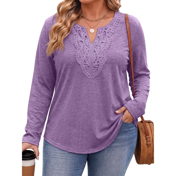 Fantaslook Lace Plus Size Tops for Women Long Sleeve V Neck Blouses Fall Tunic Shirts L-5XL