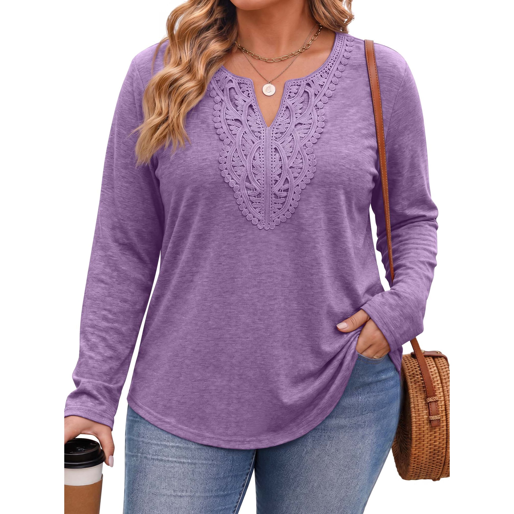 Fantaslook Lace Plus Size Tops for Women Long Sleeve V Neck Blouses Fall Tunic Shirts L-5XL