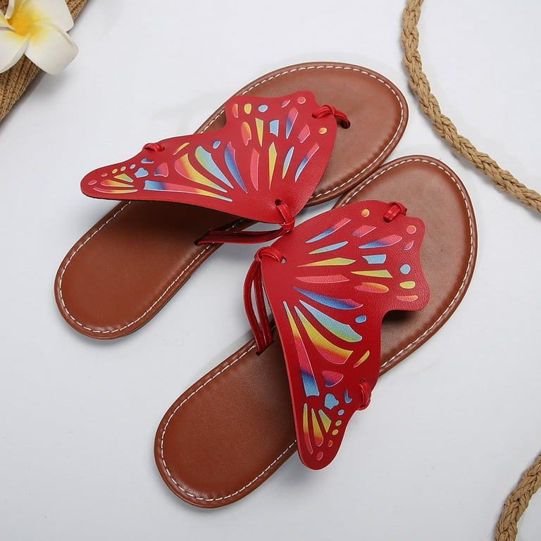XDDST Red Women Sandals Flip Flops Ladies Summer Casual Colourful Butterfly Soft Leather Beach Outer Wear Large Size Flat Sandal Slippers