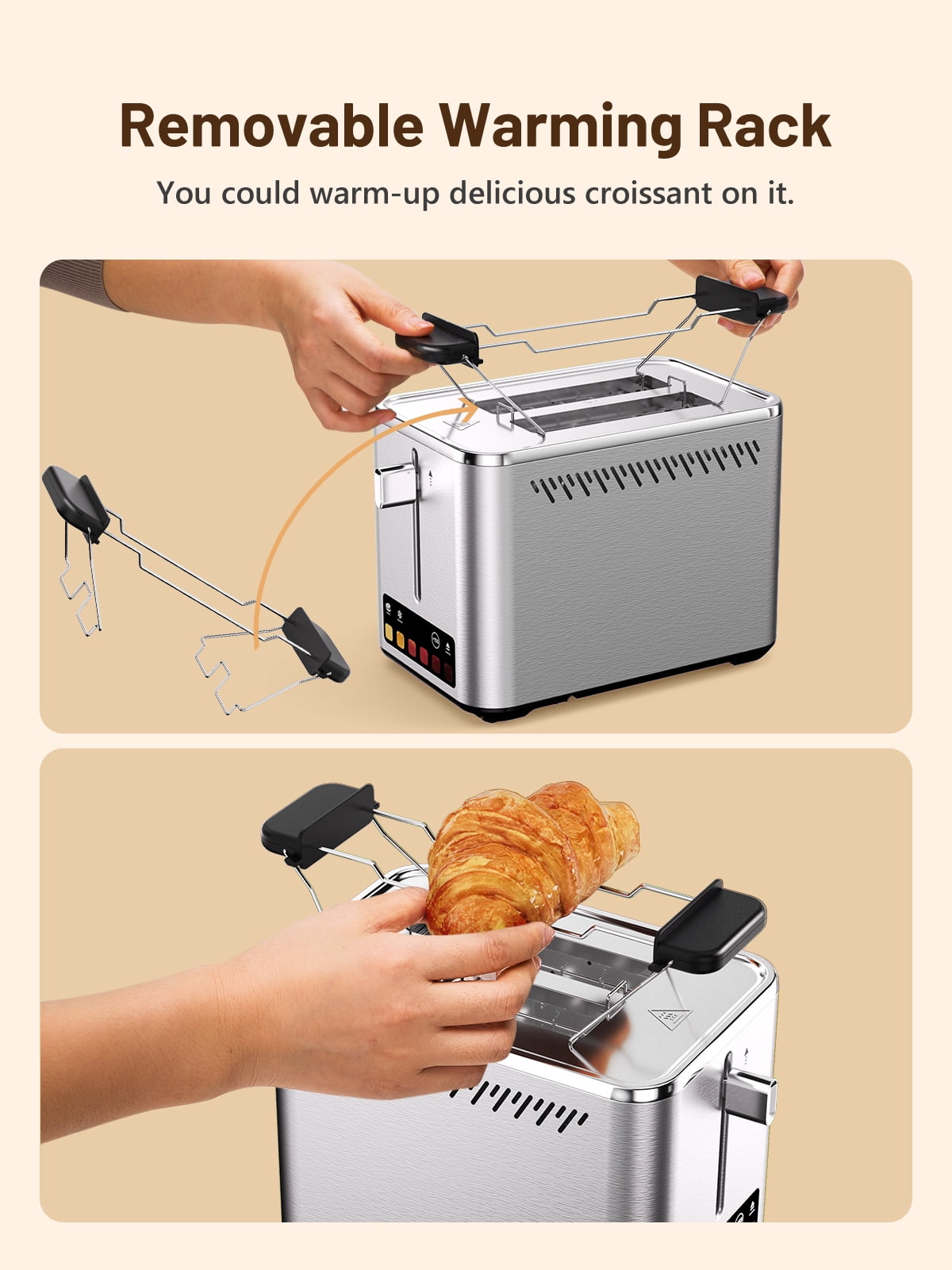 Smart 2 Slice Toaster with Touch Screen, Defrost Function, Wide 1.5" Slots for Bagels, Waffles, Muffins, and Gluten-Free Bread, Stainless Steel Toaster with Warming Rack, 850W
