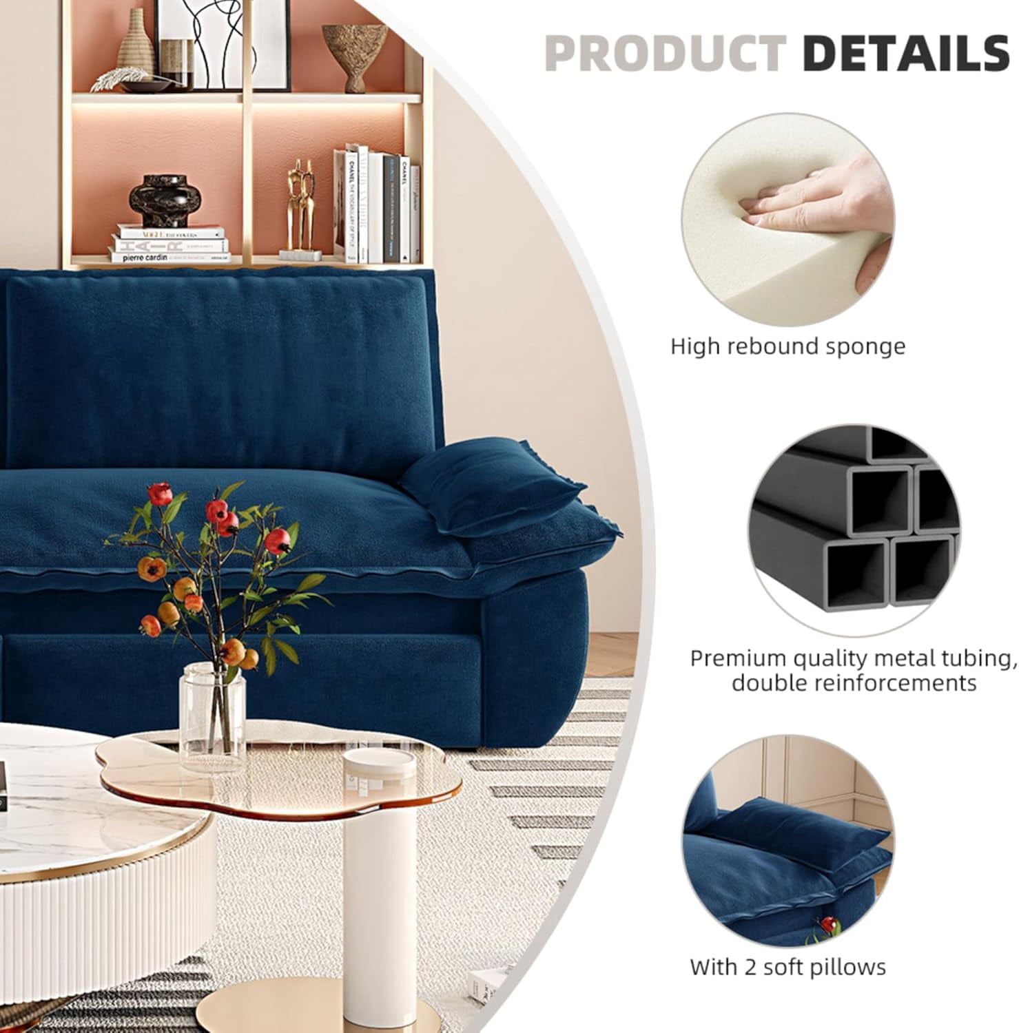 73.2" Futon Sofa Bed Queen Size, Pull Out Bed, 3-in-1 Convertible Sleeper Sofa with 2 Soft Pillows, Modern Velvet Futon Couch for Living Room, Small Space, Apartment, Bedroom, Blue