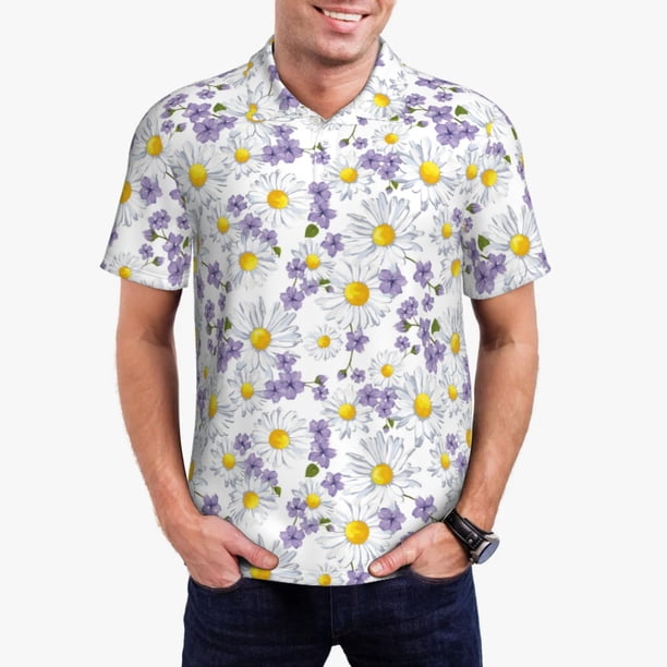 Fotbe Daisies Flowers Camiseta Polo de Golf para Hombre con Estampado – Camisa Deportiva Transpirable con Cuello Abotonado-Small