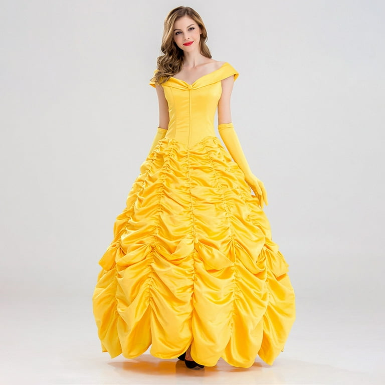 Women's Princess Belle Costume Halloween Party Dress with Petticoat and Sleeve