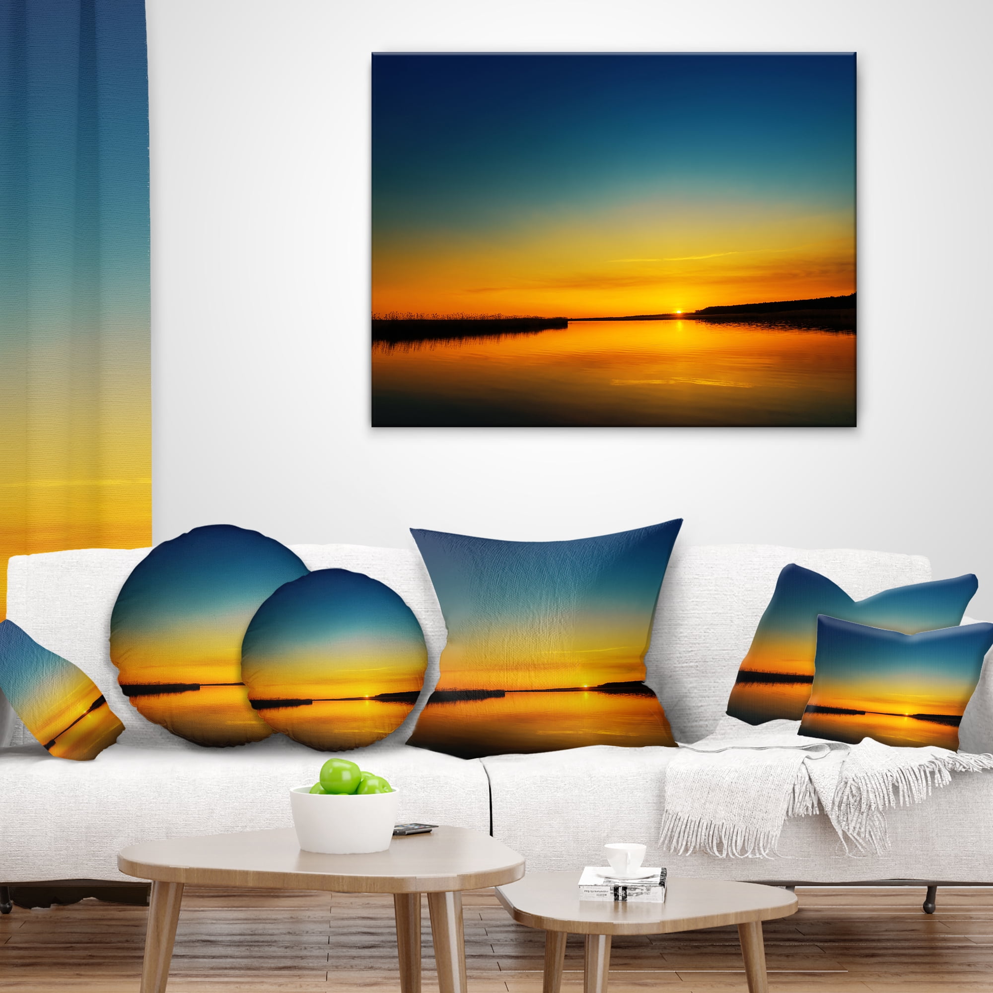 Designart Orange Sunset Over River - Skyline Photography Throw Pillow - 18x18