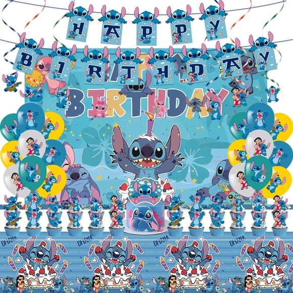 Blue Stitch Happy Birthday Party Decoration, Happy Birthday Banner, Balloons, Cake Cupcake Topper, Tablecloth , Backdrop, Stitch Theme Party Decorations