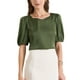 thumbnail image 1 of INSPIRAR CHIC Blusa de satén de media manga con escote corazón para mujer, oficina, XS, verde, 1 of 6