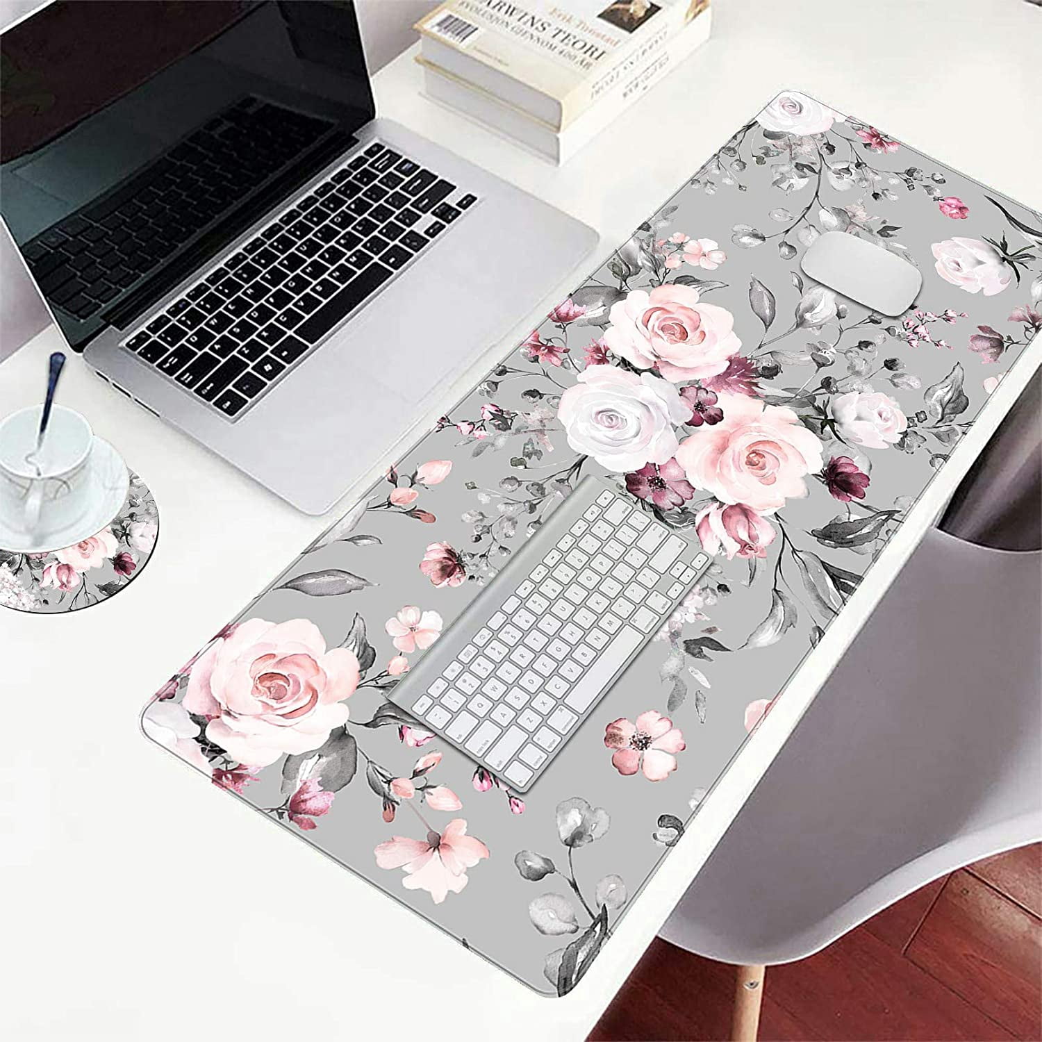 Functional Desk Pad, Extended Large Gaming Mouse Pad with Stitched Edges, XXL Mouse Pad Large (31.5x11.8 Inch) w/ Brilliant Design, Desk Mat Keyboard Pad Non Slip Base - Floral Pink