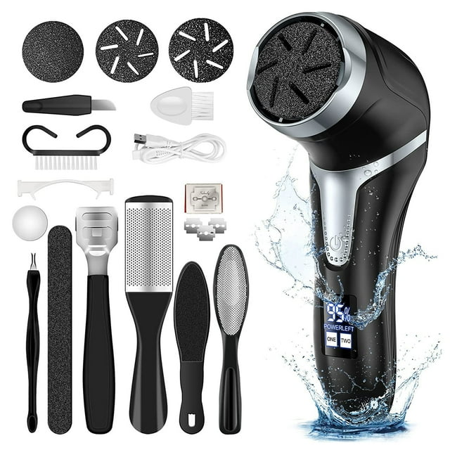 Electric Foot Callus Remover Set Portable Foot File Pedicure Tools 3 Grinding Heads 2-Speed Waterproof Foot Care Kit for Cracked Heels Calluses Hard Dry Dead Skin Remover