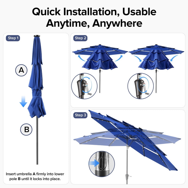 Gianna 10 FT 3-Layer Solar Patio Umbrella, 32 LED Lights Market Umbrella with Adjustable Tilt, 8-Rib Outdoor Sunshade for Backyard, Deck and Poolside，Navy Blue